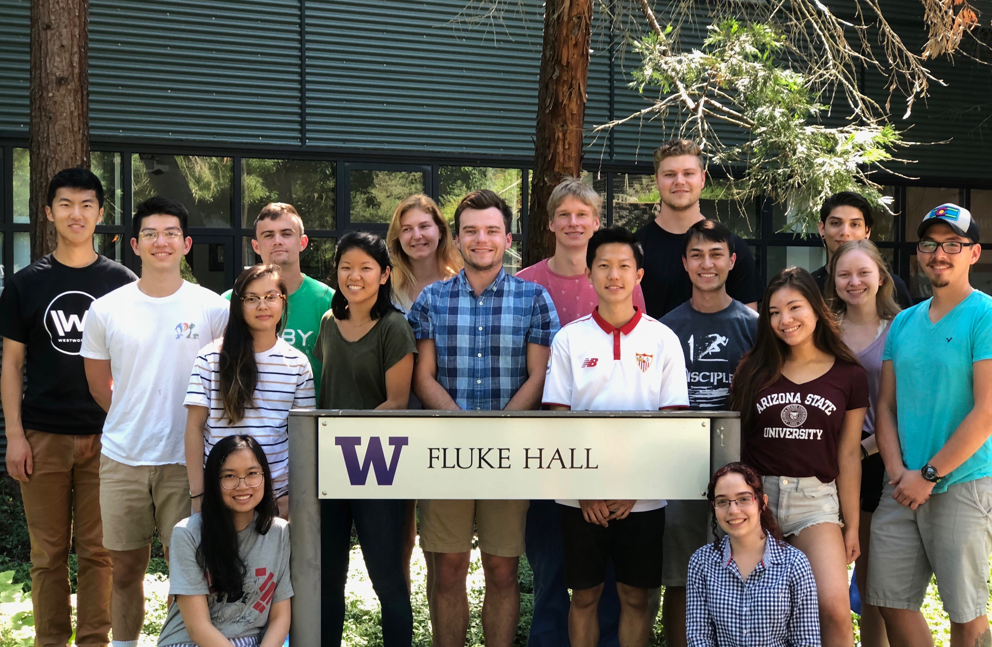 Students stand together in front of Fluke Hall